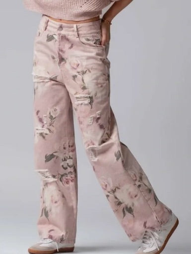 Romantic Rose Print High-Rise Denim Pants
