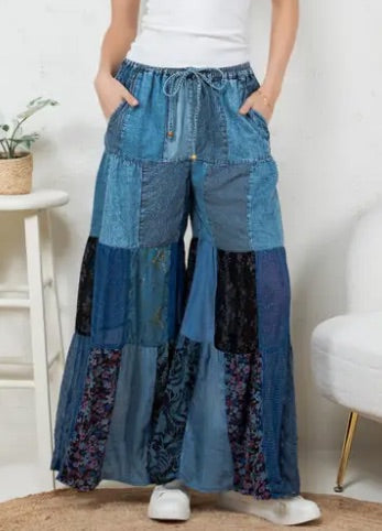 Tiered Patch Inserted Denim & Knit Pants