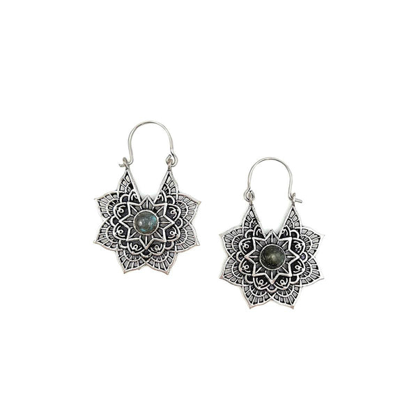 Silver Lace Lotus Flower with Labradorite Stone Earrings