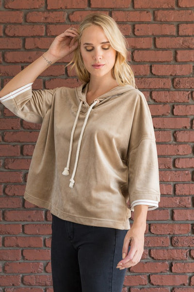 Rib Banded Dolman Sleeve Velvet Hoodie