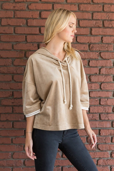 Rib Banded Dolman Sleeve Velvet Hoodie