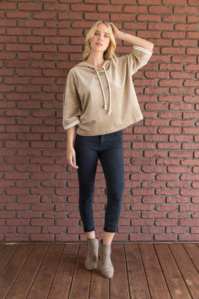 Rib Banded Dolman Sleeve Velvet Hoodie