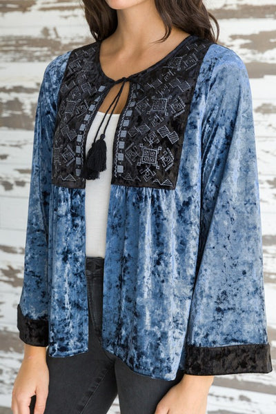 Embroidered Tassel Tie Velvet Jacket