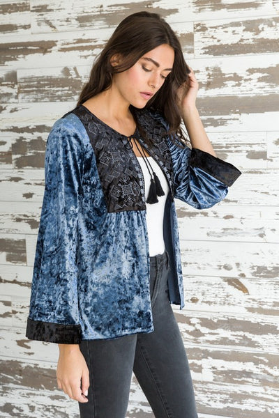 Embroidered Tassel Tie Velvet Jacket