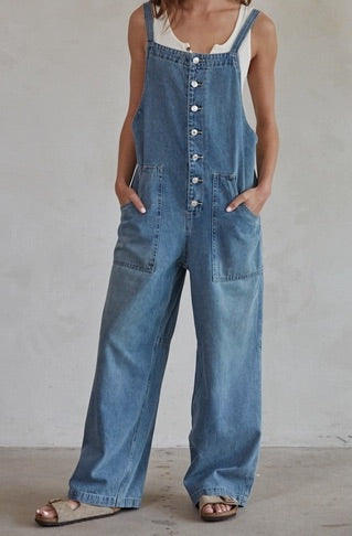 Indie Button Down Wide Leg Denim Overalls