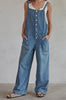 Indie Button Down Wide Leg Denim Overalls