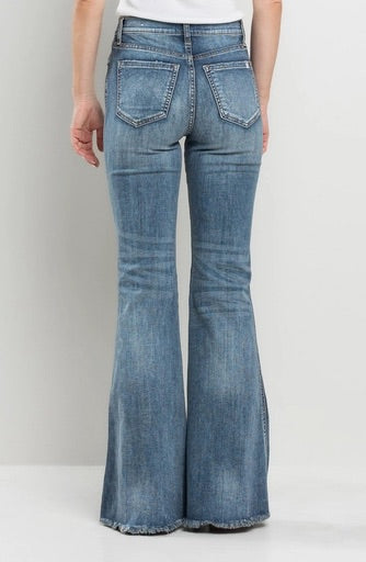 High Rise Flare Jeans with Frayed Hem