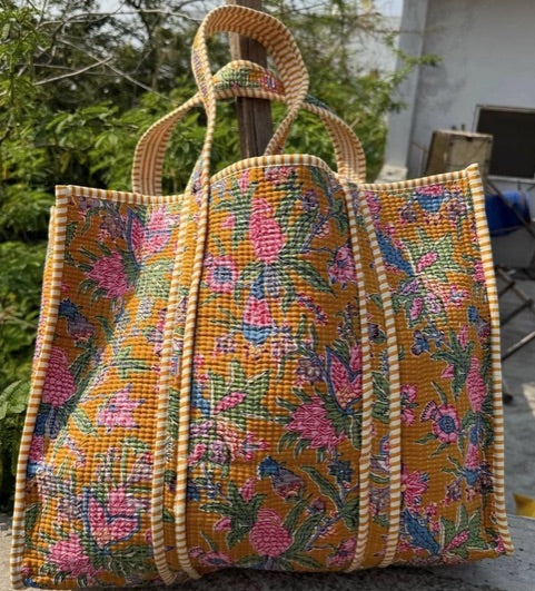 Cotton Quilted Floral Print Tote Bag