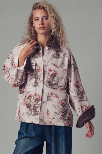 Watercolor Floral Oversized Cotton Utility Jacket