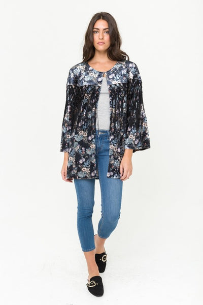 Ruffle Sleeve Fringed Velvet Open Cardigan