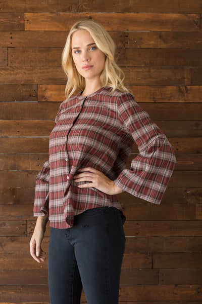 Mixed Plaid Shirt with Bell Sleeves